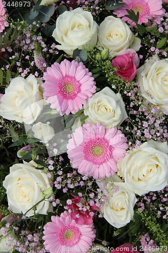 Image of pink gerberas and white roses in bridal arrangement