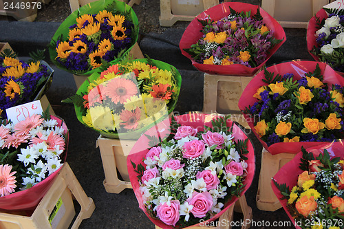 Image of Colorful bouquets at a market