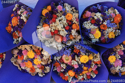 Image of Dried flower bouquets at a market