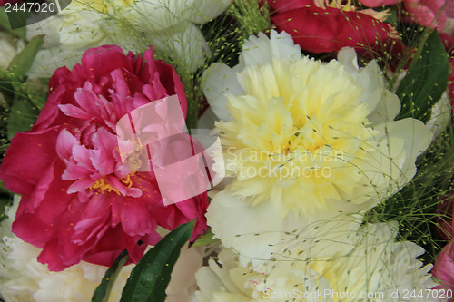 Image of Yellow/white and pink peony wedding arrangement