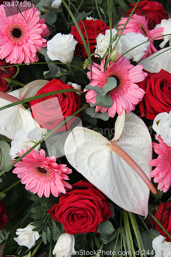 Image of Anthurium, roses and gerberas in a bridal arrangement