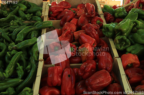 Image of Jalapeno and bell peppers at a market