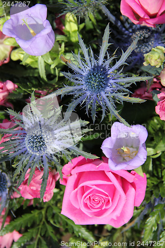 Image of Floral arrangement in blue, purple and pink