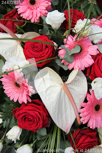Image of Anthurium, roses and gerberas in a bridal arrangement
