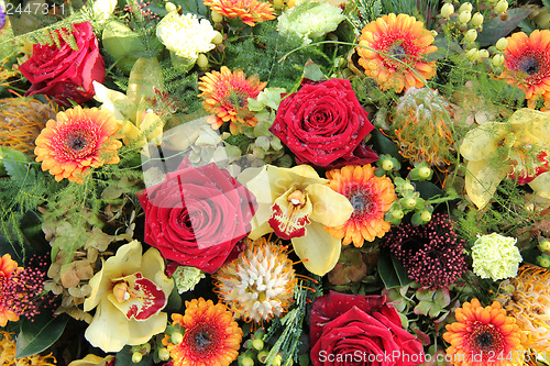 Image of roses and orchids in a flower arrangement