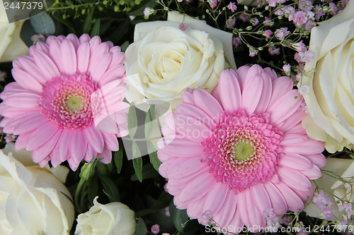 Image of pink gerberas and white roses in bridal arrangement
