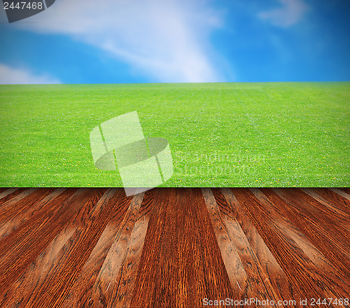Image of beautiful lawn and brown terrace floor