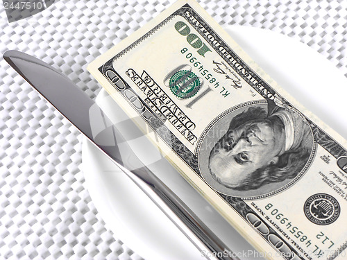 Image of dollars money on plate with knife