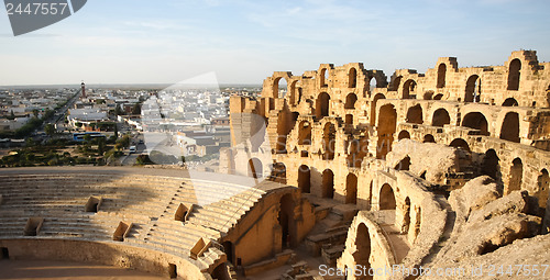 Image of Amphitheatre with El Djem city skyline in Tunisia