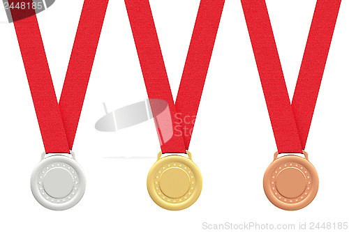 Image of Gold, silver and bronze medals on white 