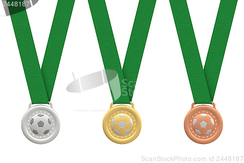 Image of Gold, silver and bronze soccer medals