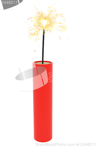Image of Single dynamite with burning wick on white