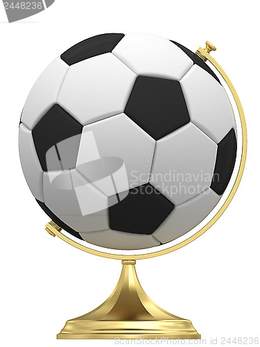 Image of Soccer ball as terrestrial globe on golden stand