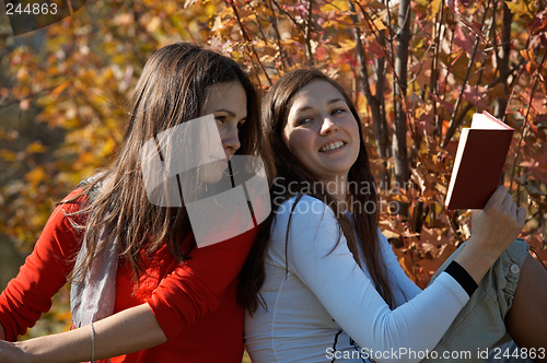 Image of Girls reading  in the park