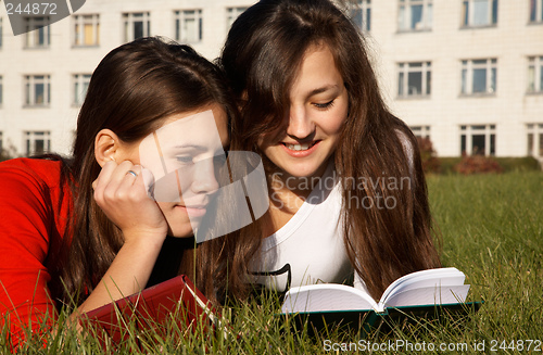 Image of Girls reading the books on the lawn