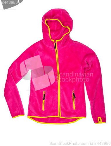 Image of Bright red sports jacket with a hood and yellow accents