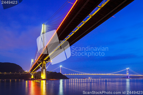 Image of Suspension bridge in Hong Kong at night