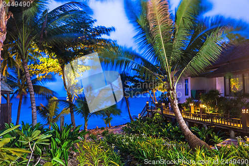 Image of Wooden resort during evening at Thailand