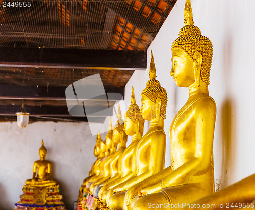 Image of Golden buddha statue in row