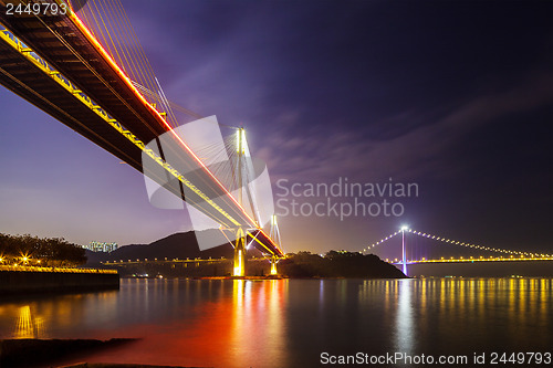 Image of Suspension bridge in Hong Kong at night