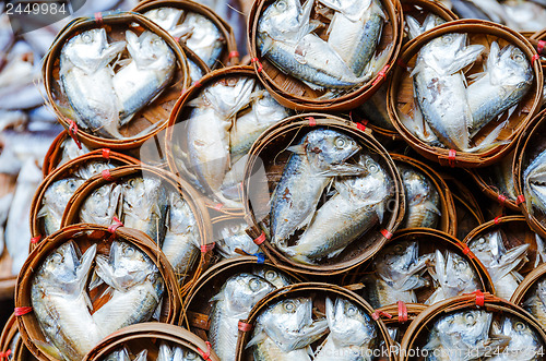 Image of Fish in barrels for sell at market in Bangkok