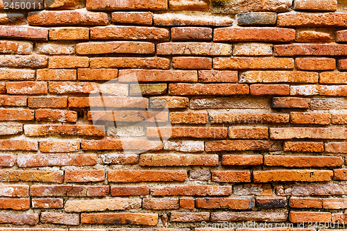 Image of Ancient brick wall in red color
