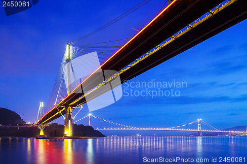 Image of Suspension bridge in Hong Kong at night