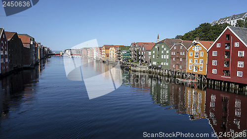 Image of Beautiful colorful houses on river side of Nidelva, Trondheim 