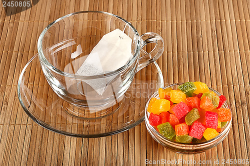 Image of Tea bag in a transparent cup.