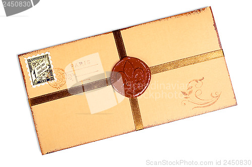 Image of Vintage paper envelope with wax stamp.