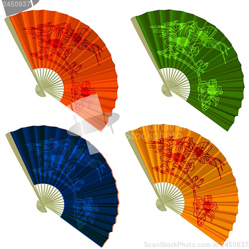 Image of Set traditional Folding Fans with flowers. Vector illustration.