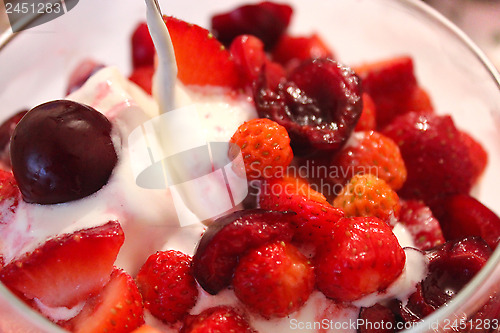 Image of icecream with cherry and wild strawberry