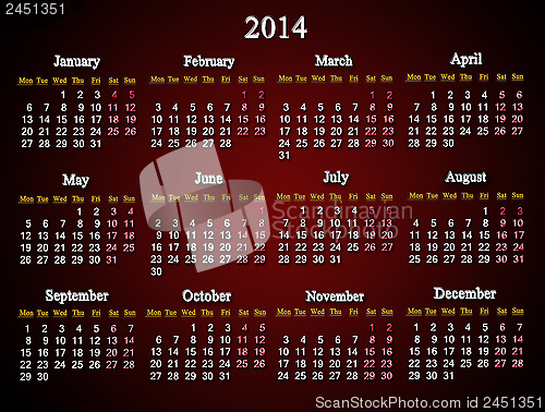 Image of beautiful claret calendar for 2014 year