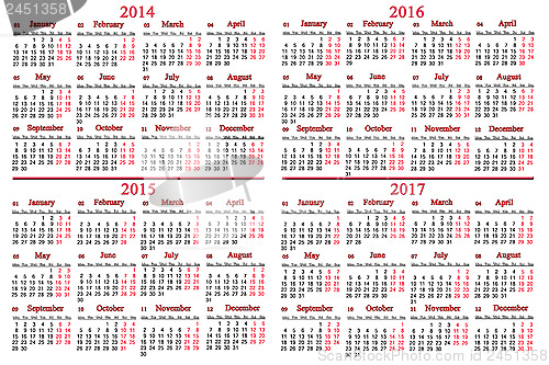 Image of usual calendar for 2014 - 2017 years