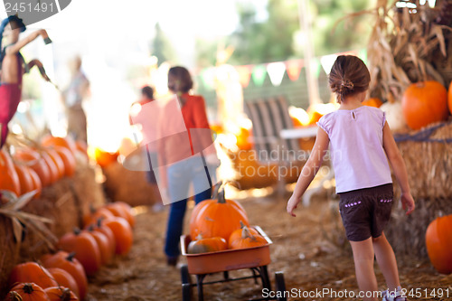 Image of Cute Little Girls Pulling Their Pumpkins In A Wagon