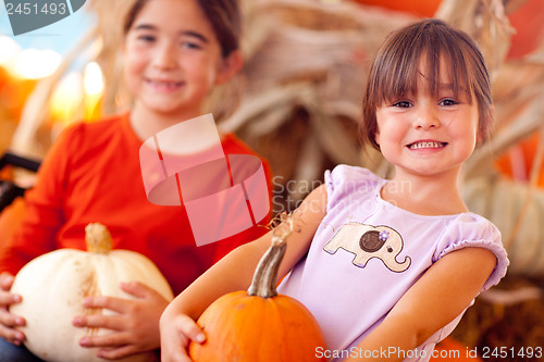 Image of Cute Little Girls Holding Their Pumpkins At A Pumpkin Patch