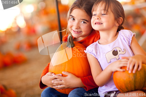 Image of Cute Little Girls Holding Their Pumpkins At A Pumpkin Patch