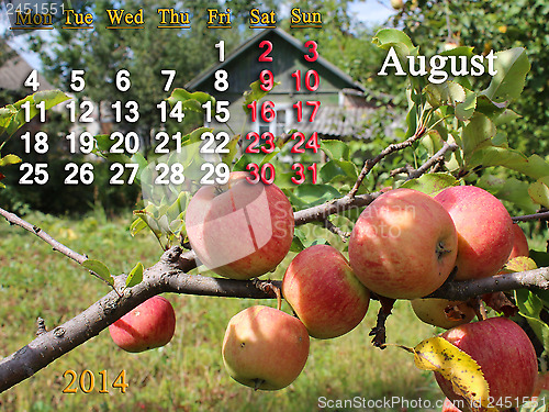 Image of calendar for the August of 2014 year with apples