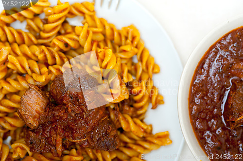 Image of fusilli pasta with neapolitan style ragu meat sauce