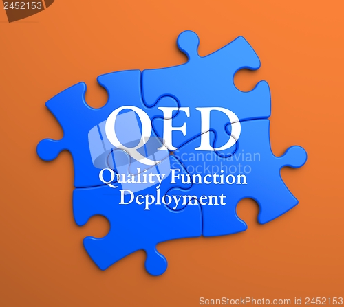 Image of QFD on Blue Puzzle Pieces. Business Concept.