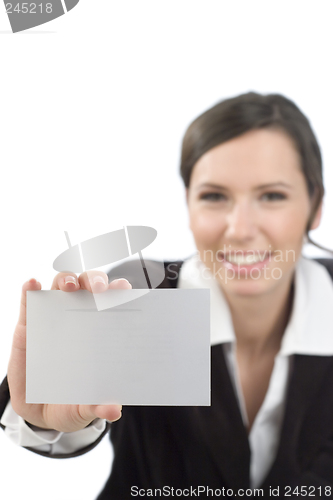 Image of Business woman presenting white card