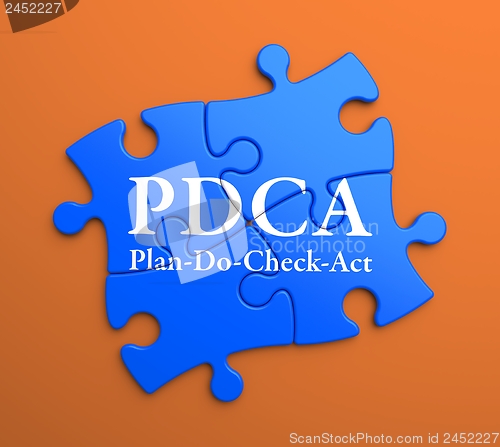 Image of PDCA  on Blue Puzzle Pieces. Business Concept.