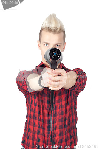 Image of Portrait of handsome man with hairdryer