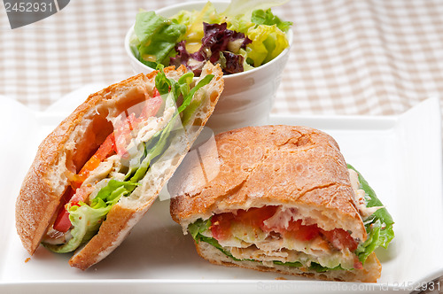 Image of ciabatta panini sandwich with chicken and tomato