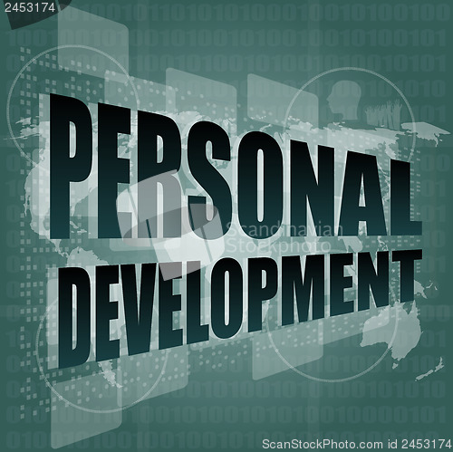 Image of personal development word on touch screen, modern virtual technology background