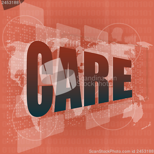 Image of care word on digital screen, mission control interface hi technology