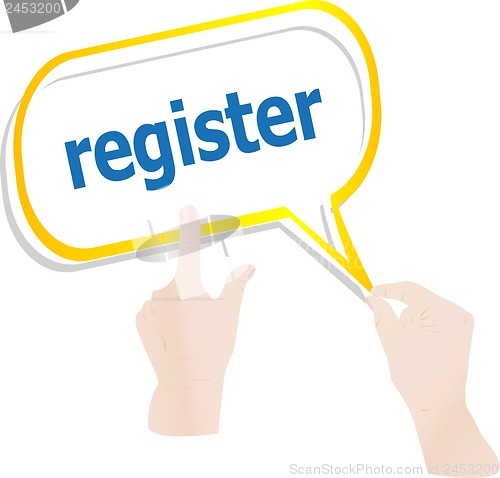 Image of hands holding abstract cloud with register word