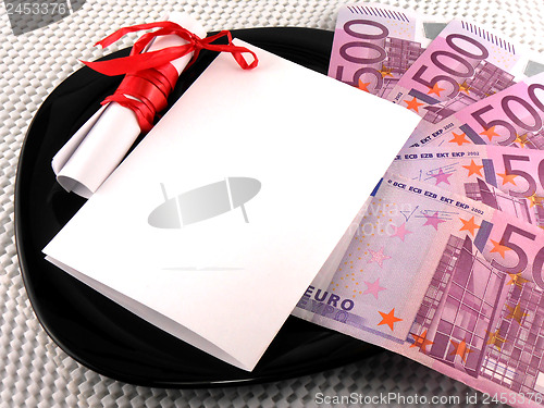 Image of 500 euro money with blank paper and gift bow