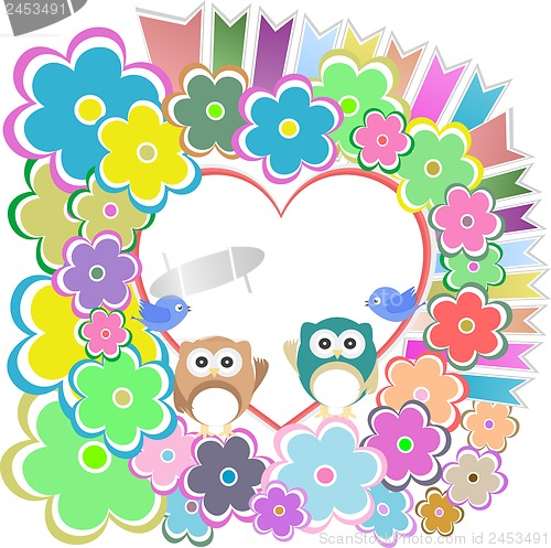 Image of owls, birds love heart and flowers