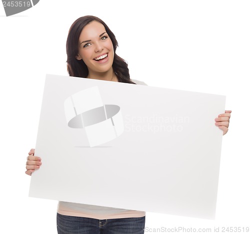 Image of Beautiful Mixed Race Female Holding Blank Sign on White
